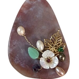 Vintage Teardrop Stone Brooch Pendant Pearl Floral Gold Tone Statement - Image 3
