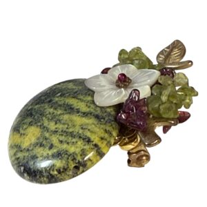 Vintage Oval Stone Brooch Pendant Pearl Floral Gold Tone Statement 2" - Image 3
