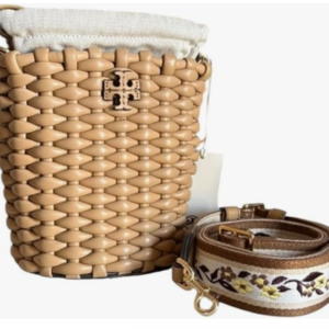 Tory Burch Emerson Woven Mini Bucket Bag Ginger Shortbread Beige - Image 3