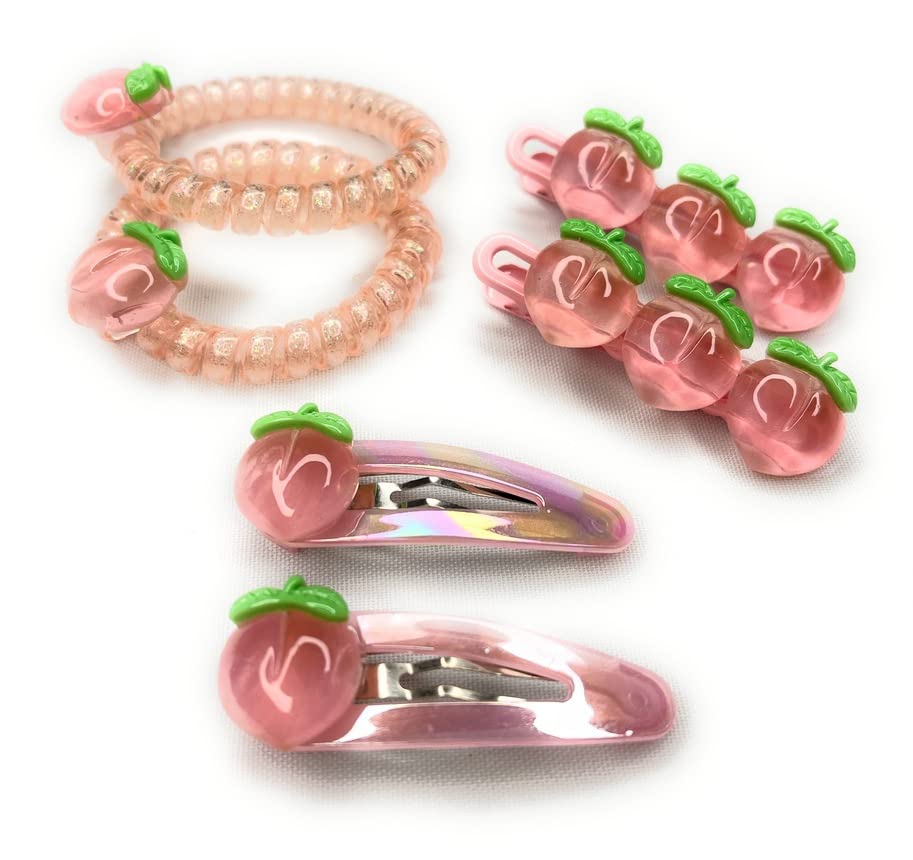 Beyond Joy 3 sets of Peach Design Duck Bill Clips/Alligator Clips, Spiral/Coil/Phone Cord Hair ties, and Barretts/Snap Hair Clips: PEACH Party - Image 3