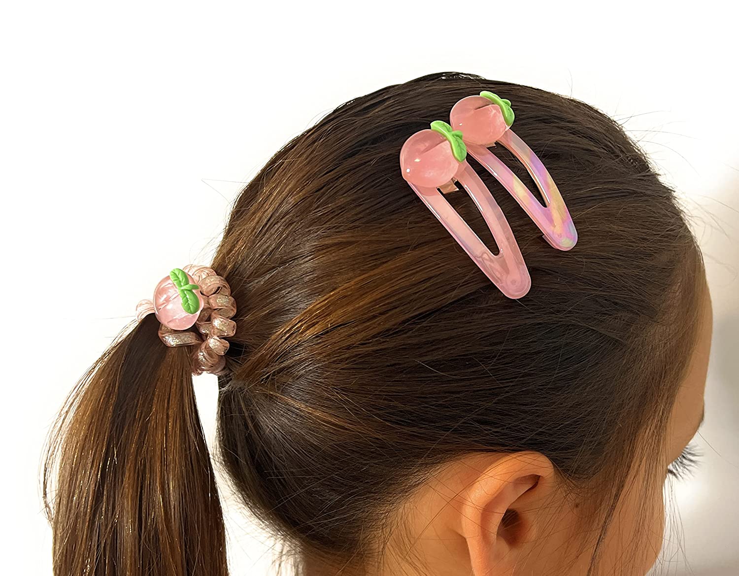 Beyond Joy 3 sets of Peach Design Duck Bill Clips/Alligator Clips, Spiral/Coil/Phone Cord Hair ties, and Barretts/Snap Hair Clips: PEACH Party - Image 5