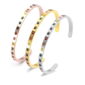 Beyond Joy "Balto & Gus: Cuff Bangle Bracelet Plated with 14k Gold, Silver, and Rose Gold in Stainless Steel w Cute Enamel Paw Design in Green, Yellow, Red, and Black (ALL3)