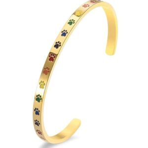 Beyond Joy "Balto & Gus: Cuff Bangle Bracelet Plated with 14k Gold, Silver, and Rose Gold in Stainless Steel w Cute Enamel Paw Design in Green, Yellow, Red, and Black (Gold)