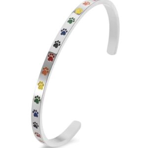 Beyond Joy "Balto & Gus: Cuff Bangle Bracelet Plated with 14k Gold, Silver, and Rose Gold in Stainless Steel w Cute Enamel Paw Design in Green, Yellow, Red, and Black (Silver)