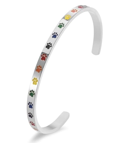 Beyond Joy "Balto & Gus: Cuff Bangle Bracelet Plated with 14k Gold, Silver, and Rose Gold in Stainless Steel w Cute Enamel Paw Design in Green, Yellow, Red, and Black (Silver)