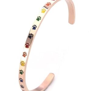 Beyond Joy "Balto & Gus: Cuff Bangle Bracelet Plated with 14k Gold, Silver, and Rose Gold in Stainless Steel w Cute Enamel Paw Design in Green, Yellow, Red, and Black (Rose Gold)