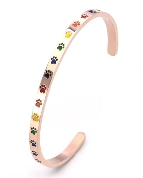 Beyond Joy "Balto & Gus: Cuff Bangle Bracelet Plated with 14k Gold, Silver, and Rose Gold in Stainless Steel w Cute Enamel Paw Design in Green, Yellow, Red, and Black (Rose Gold)