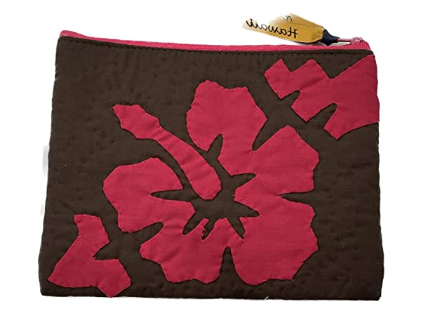 Beyond Joy Hawaiian Hand Sewn Quilt 3 zipper Hibiscus Cosmetic Pouch bag Machine Finished 7.5" x 5.5" Multi-Colors: Brown - Image 3