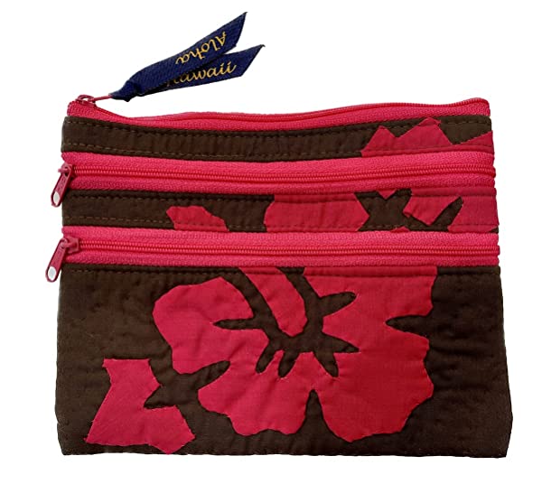 Beyond Joy Hawaiian Hand Sewn Quilt 3 zipper Hibiscus Cosmetic Pouch bag Machine Finished 7.5" x 5.5" Multi-Colors: Brown