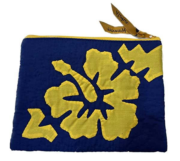 Beyond Joy Hawaiian Hand Sewn Quilt 3 zipper Hibiscus Cosmetic Pouch bag Machine Finished 7.5" x 5.5" Multi-Colors: Indigo - Image 3