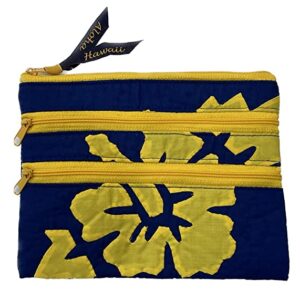 Beyond Joy Hawaiian Hand Sewn Quilt 3 zipper Hibiscus Cosmetic Pouch bag Machine Finished 7.5" x 5.5" Multi-Colors: Indigo