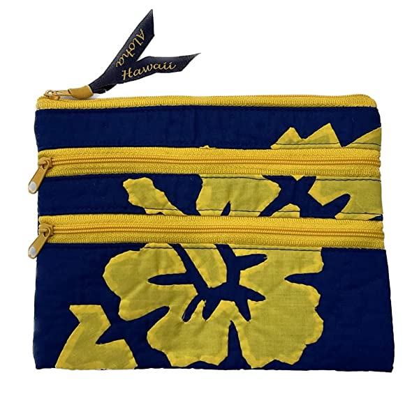 Beyond Joy Hawaiian Hand Sewn Quilt 3 zipper Hibiscus Cosmetic Pouch bag Machine Finished 7.5" x 5.5" Multi-Colors: Indigo