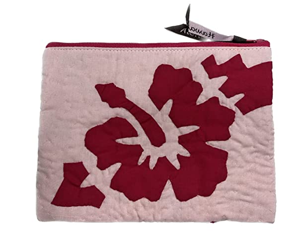 Beyond Joy Hawaiian Hand Sewn Quilt 3 zipper Hibiscus Cosmetic Pouch bag Machine Finished 7.5" x 5.5" Multi-Colors: Pink - Image 3