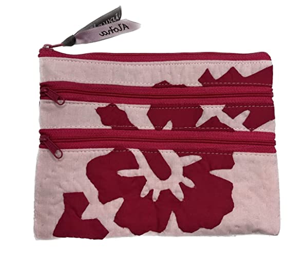 Beyond Joy Hawaiian Hand Sewn Quilt 3 zipper Hibiscus Cosmetic Pouch bag Machine Finished 7.5" x 5.5" Multi-Colors: Pink