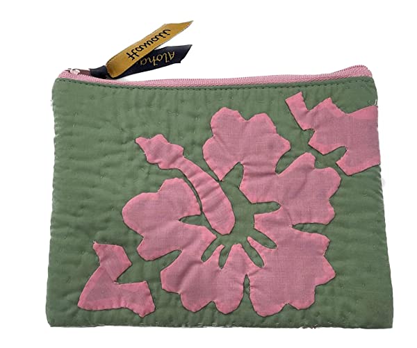 Beyond Joy Hawaiian Hand Sewn Quilt 3 zipper Hibiscus Cosmetic Pouch bag Machine Finished 7.5" x 5.5" Multi-Colors: Teal - Image 3