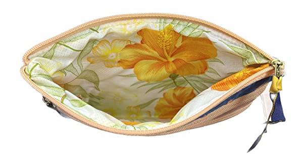 Beyond Joy Hawaiian Hand Sewn Quilt 3 zipper Hibiscus Cosmetic Pouch bag Machine Finished 7.5" x 5.5" Multi-Colors: Yellow - Image 4