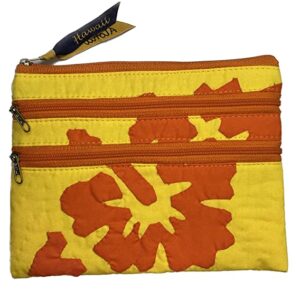 Beyond Joy Hawaiian Hand Sewn Quilt 3 zipper Hibiscus Cosmetic Pouch bag Machine Finished 7.5" x 5.5" Multi-Colors: Yellow