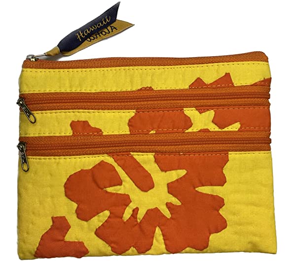 Beyond Joy Hawaiian Hand Sewn Quilt 3 zipper Hibiscus Cosmetic Pouch bag Machine Finished 7.5" x 5.5" Multi-Colors: Yellow