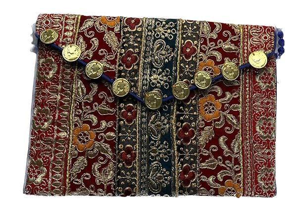 Beyond Joy Hippie YaYo Clutch/Crossbody Bag, Handmade Multi-color Boho & Hippie Style w Embroidery on Unique Tribal Fabric (Gold Coin)