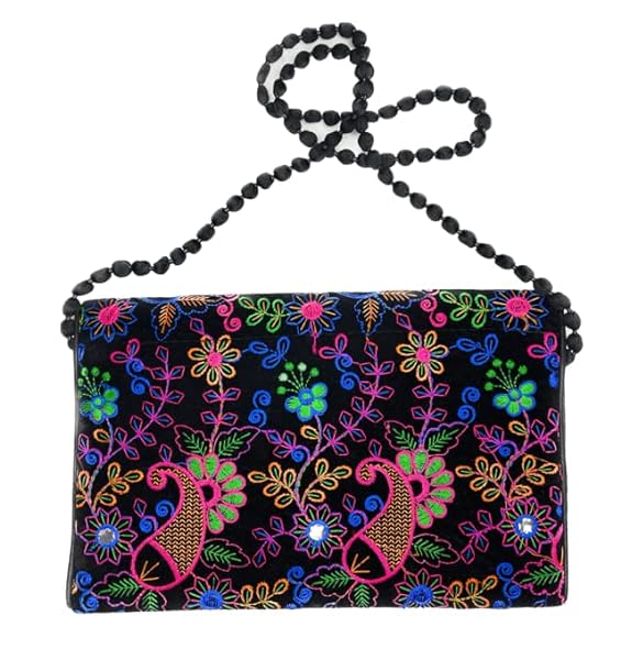 Beyond Joy Hippie YaYo Clutch/Crossbody Bag, Handmade Multi-color Boho & Hippie Style w Embroidery on Unique Tribal Fabric (Black) - Image 3