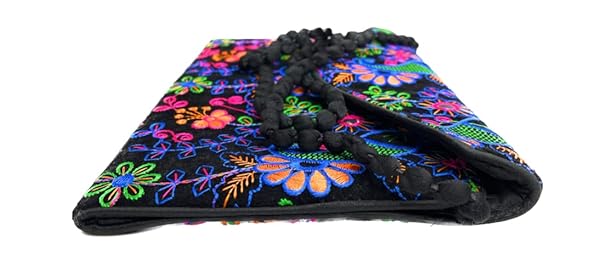 Beyond Joy Hippie YaYo Clutch/Crossbody Bag, Handmade Multi-color Boho & Hippie Style w Embroidery on Unique Tribal Fabric (Black) - Image 4