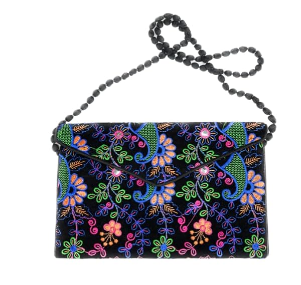 Beyond Joy Hippie YaYo Clutch/Crossbody Bag, Handmade Multi-color Boho & Hippie Style w Embroidery on Unique Tribal Fabric (Black)
