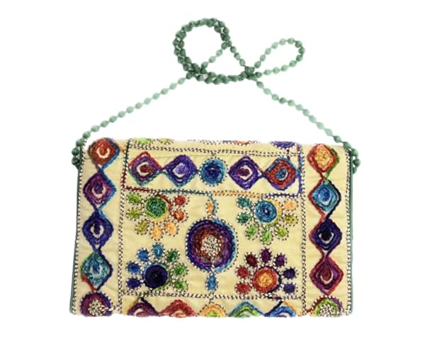 Beyond Joy Hippie YaYo Clutch/Crossbody Bag, Handmade Multi-color Boho & Hippie Style w Embroidery on Unique Tribal Fabric (Beige) - Image 3