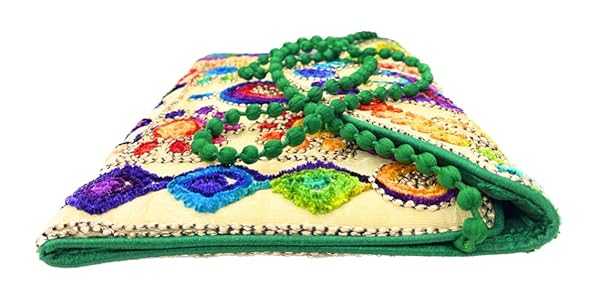 Beyond Joy Hippie YaYo Clutch/Crossbody Bag, Handmade Multi-color Boho & Hippie Style w Embroidery on Unique Tribal Fabric (Beige) - Image 4