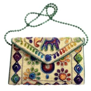 Beyond Joy Hippie YaYo Clutch/Crossbody Bag, Handmade Multi-color Boho & Hippie Style w Embroidery on Unique Tribal Fabric (Beige)