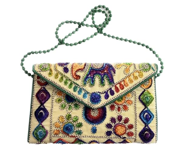 Beyond Joy Hippie YaYo Clutch/Crossbody Bag, Handmade Multi-color Boho & Hippie Style w Embroidery on Unique Tribal Fabric (Beige)