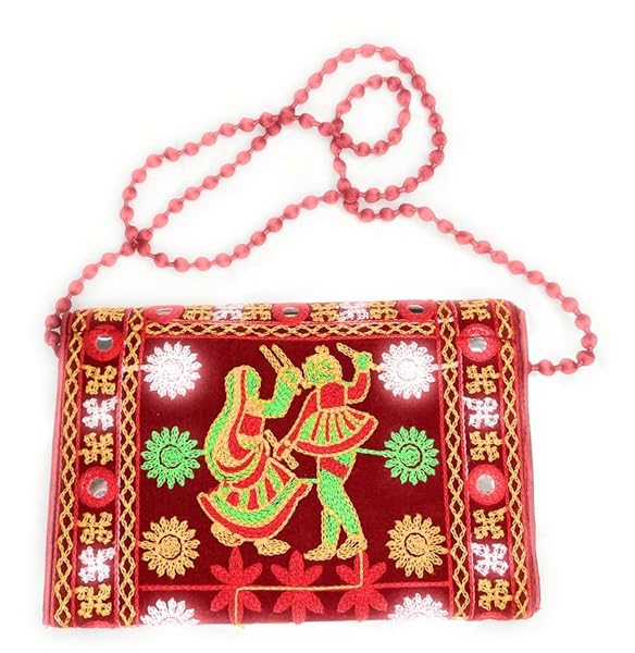 Beyond Joy Hippie YaYo Clutch/Crossbody Bag, Handmade Multi-color Boho & Hippie Style w Embroidery on Unique Tribal Fabric (Cranberry) - Image 3