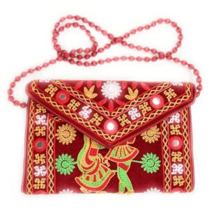 Beyond Joy Hippie YaYo Clutch/Crossbody Bag, Handmade Multi-color Boho & Hippie Style w Embroidery on Unique Tribal Fabric (Cranberry)