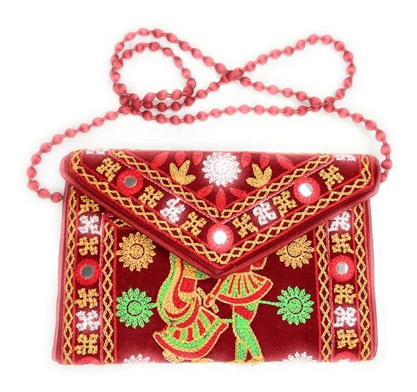 Beyond Joy Hippie YaYo Clutch/Crossbody Bag, Handmade Multi-color Boho & Hippie Style w Embroidery on Unique Tribal Fabric (Cranberry)