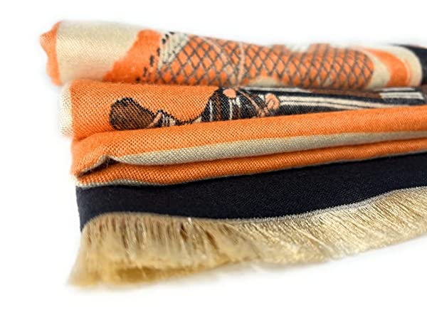 Beyond Joy Pashmina/Cashmere Substitute 100% Acrylic Shawl Scarf Double sided w Horse & Horsebit designs in 4 Colors (Orange/Black) - Image 3