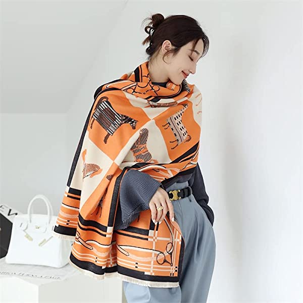 Beyond Joy Pashmina/Cashmere Substitute 100% Acrylic Shawl Scarf Double sided w Horse & Horsebit designs in 4 Colors (Orange/Black) - Image 4