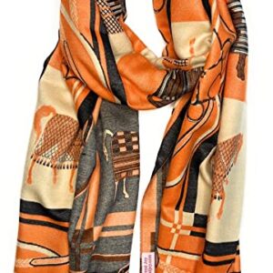 Beyond Joy Pashmina/Cashmere Substitute 100% Acrylic Shawl Scarf Double sided w Horse & Horsebit designs in 4 Colors (Orange/Black)