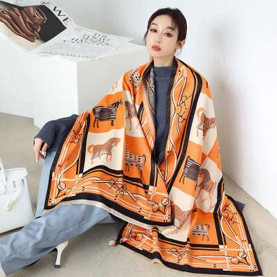 Beyond Joy Pashmina/Cashmere Substitute 100% Acrylic Shawl Scarf Double sided w Horse & Horsebit designs in 4 Colors (Orange/Black) - Image 5