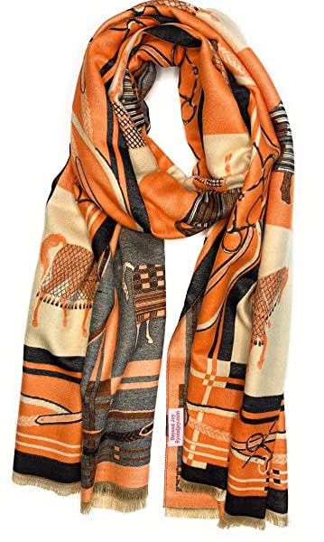 Beyond Joy Pashmina/Cashmere Substitute 100% Acrylic Shawl Scarf Double sided w Horse & Horsebit designs in 4 Colors (Orange/Black)
