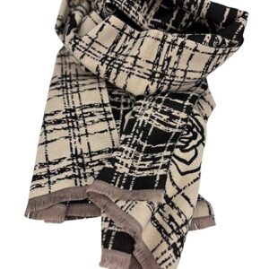 Beyond Joy Pashmina/Cashmere Substitute 100% Acrylic Shawl Scarf w Double sided Colors w 2 XL Camelia Vintage Plaid Pattern, Black & Beige