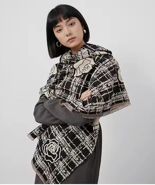 비욘드 조이 파시미나/캐시미어 대체 100% 아크릴 숄 스카프 양면 색상 2 XL 카멜리아 빈티지 체크무늬 패턴, 블랙 & 베이지 - 이미지 5