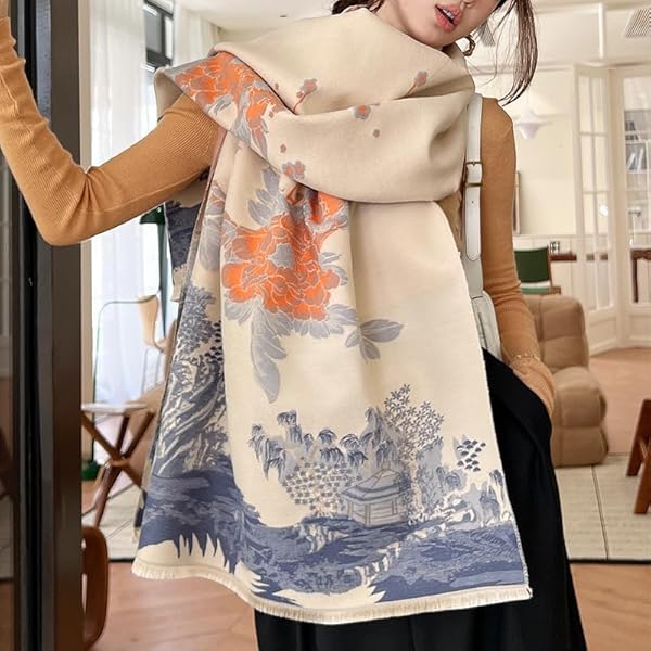 Beyond Joy Pashmina/Cashmere Substitute 100% Acrylic Shawl Scarf w Double sided Colors w 2 XL Chinese Peony Garden, Blue, Beige, Orange - Image 3