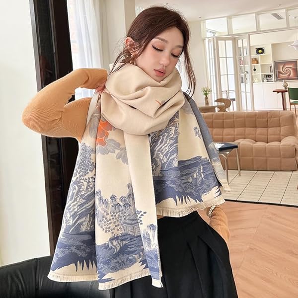 Beyond Joy Pashmina/Cashmere Substitute 100% Acrylic Shawl Scarf w Double sided Colors w 2 XL Chinese Peony Garden, Blue, Beige, Orange - Image 4