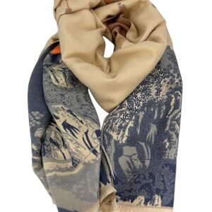 Beyond Joy Pashmina/Cashmere Substitute 100% Acrylic Shawl Scarf w Double sided Colors w 2 XL Chinese Peony Garden, Blue, Beige, Orange