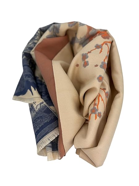 Beyond Joy Pashmina/Cashmere Substitute 100% Acrylic Shawl Scarf w Double sided Colors w 2 XL Chinese Peony Garden, Blue, Beige, Orange - Image 5