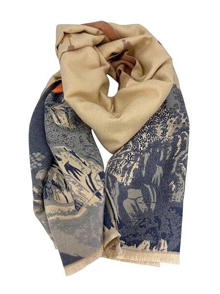 Beyond Joy Pashmina/Cashmere Substitute 100% Acrylic Shawl Scarf w Double sided Colors w 2 XL Chinese Peony Garden, Blue, Beige, Orange