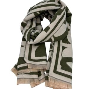 Beyond Joy Pashmina/Cashmere Substitute 100% Acrylic Shawl Scarf w Double sided Colors w 2 XL Coco Camelia Vintage Plaid Pattern, Green & Ivory
