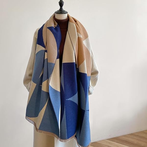 Beyond Joy Pashmina/Cashmere Substitute 100% Acrylic Shawl Scarf w Double sided Colors w 2 XL Color Block Geo (Blue) - Image 3