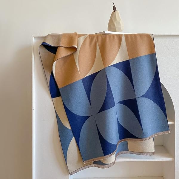 Beyond Joy Pashmina/Cashmere Substitute 100% Acrylic Shawl Scarf w Double sided Colors w 2 XL Color Block Geo (Blue) - Image 4