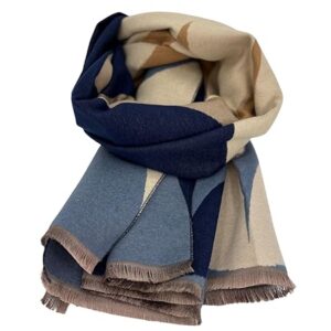 Beyond Joy Pashmina/Cashmere Substitute 100% Acrylic Shawl Scarf w Double sided Colors w 2 XL Color Block Geo (Blue)