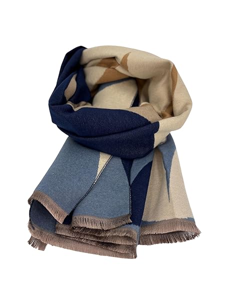 Beyond Joy Pashmina/Cashmere Substitute 100% Acrylic Shawl Scarf w Double sided Colors w 2 XL Color Block Geo (Blue)